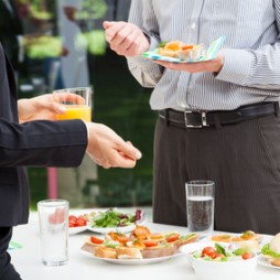 Business talks during lunch Business colleagues talks during lunch, outdoor